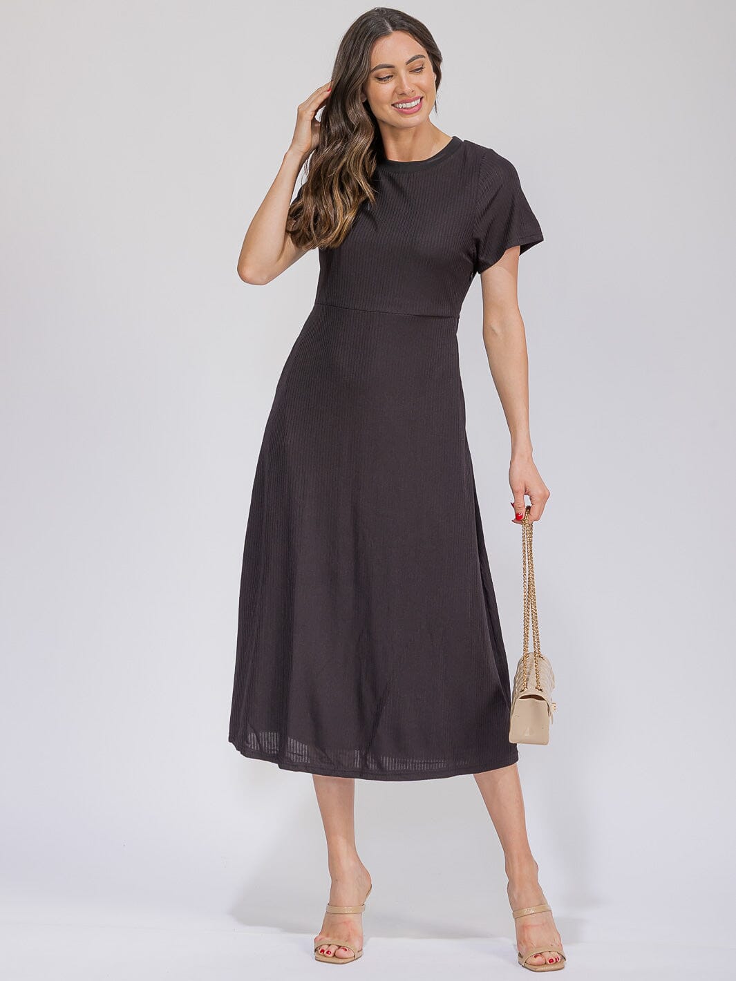WOMEN'S SHORT SLEEVE FRONT POCKETS RIBBED MAXI DRESS