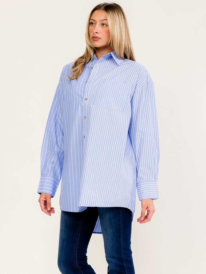 WOMEN'S LONG SLEEVE BUTTON UP FRONT POCKET STRIPES OVERSIZED SHIRT