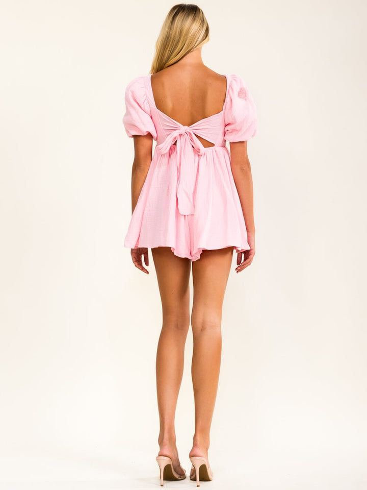 WOMEN'S SHORT PUFF SLEEVE SQUARE NECK OPEN BACK HEARTS ROMPER