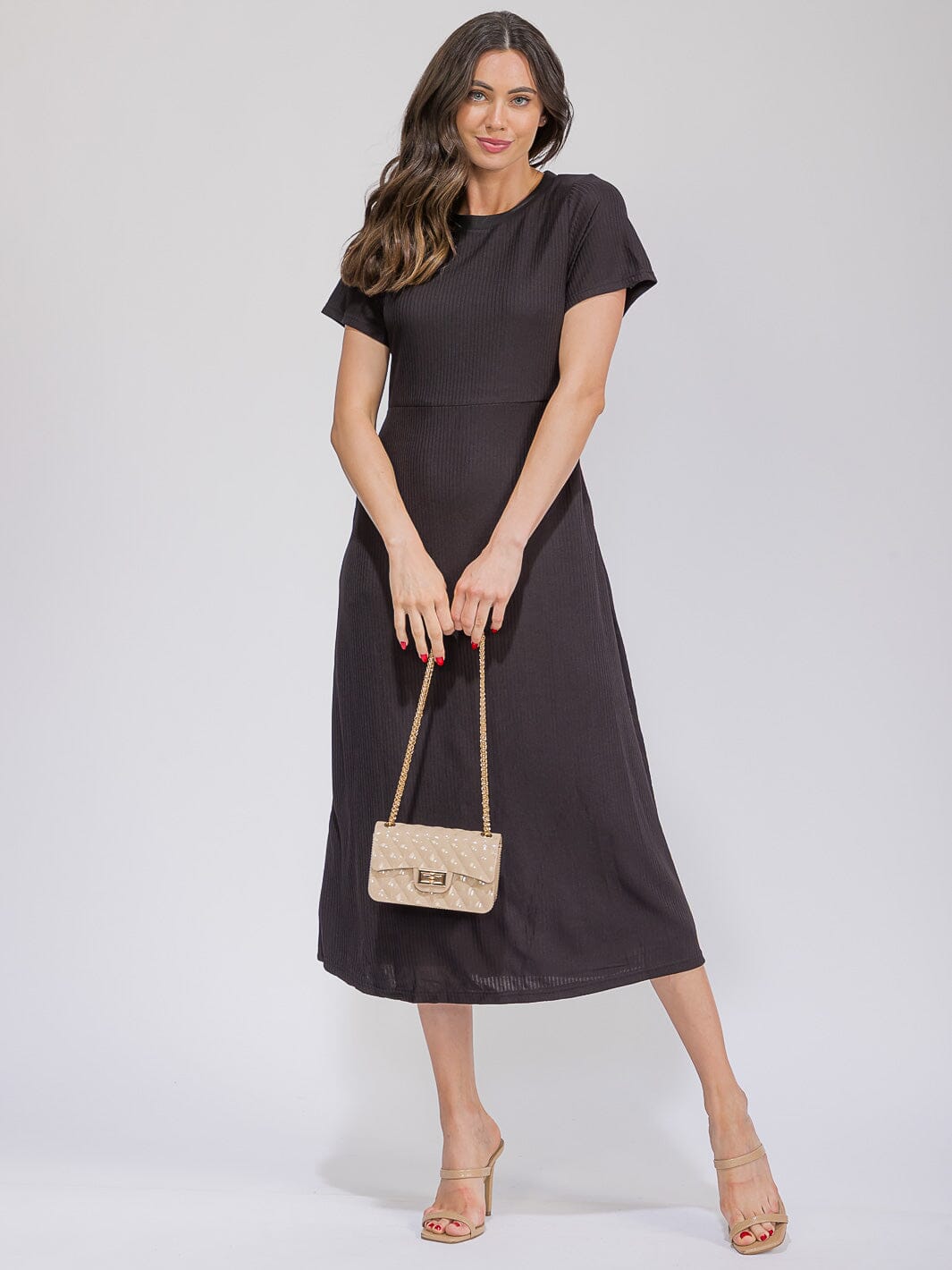WOMEN'S SHORT SLEEVE FRONT POCKETS RIBBED MAXI DRESS