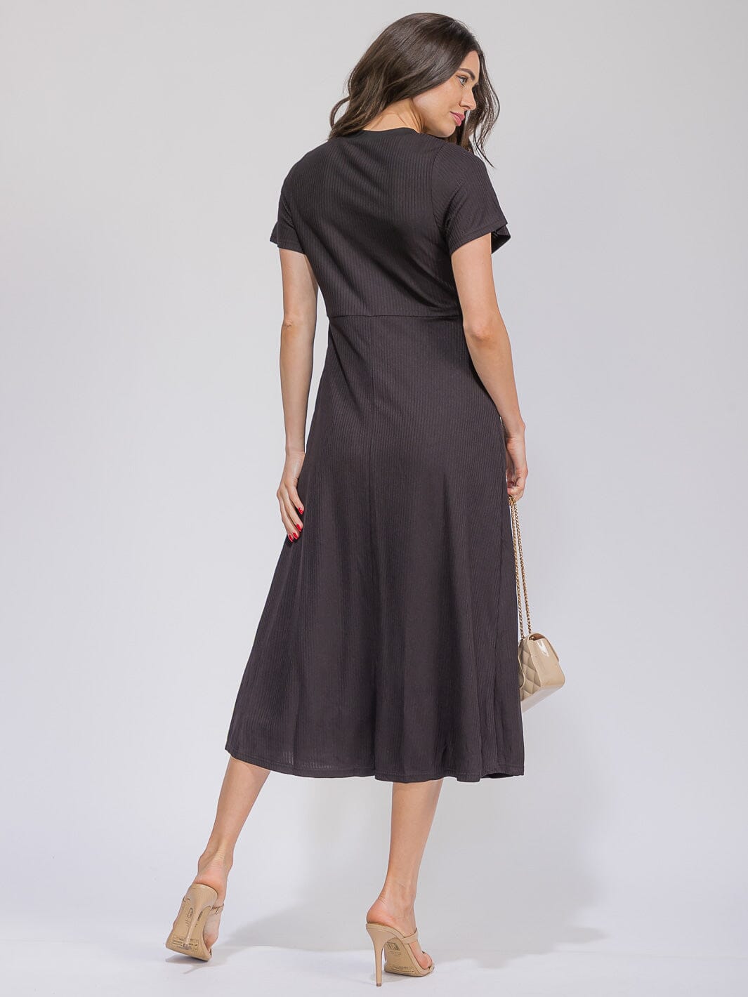 WOMEN'S SHORT SLEEVE FRONT POCKETS RIBBED MAXI DRESS