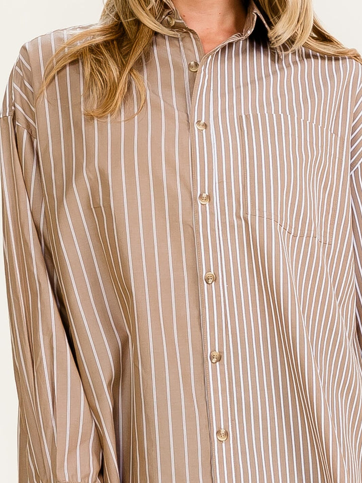 WOMEN'S LONG SLEEVE BUTTON UP FRONT POCKET STRIPES OVERSIZED SHIRT