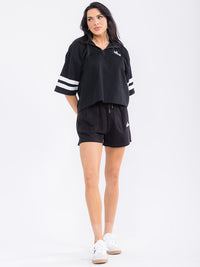WOMEN'S ELASTIC WAIST FRONT POCKETS SELF TIE GRAPHIC MINI SHORTS