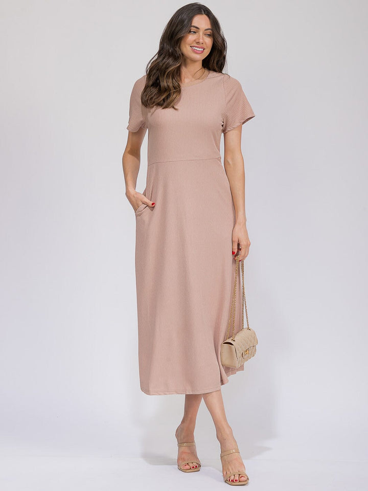 WOMEN'S SHORT SLEEVE FRONT POCKETS RIBBED MAXI DRESS