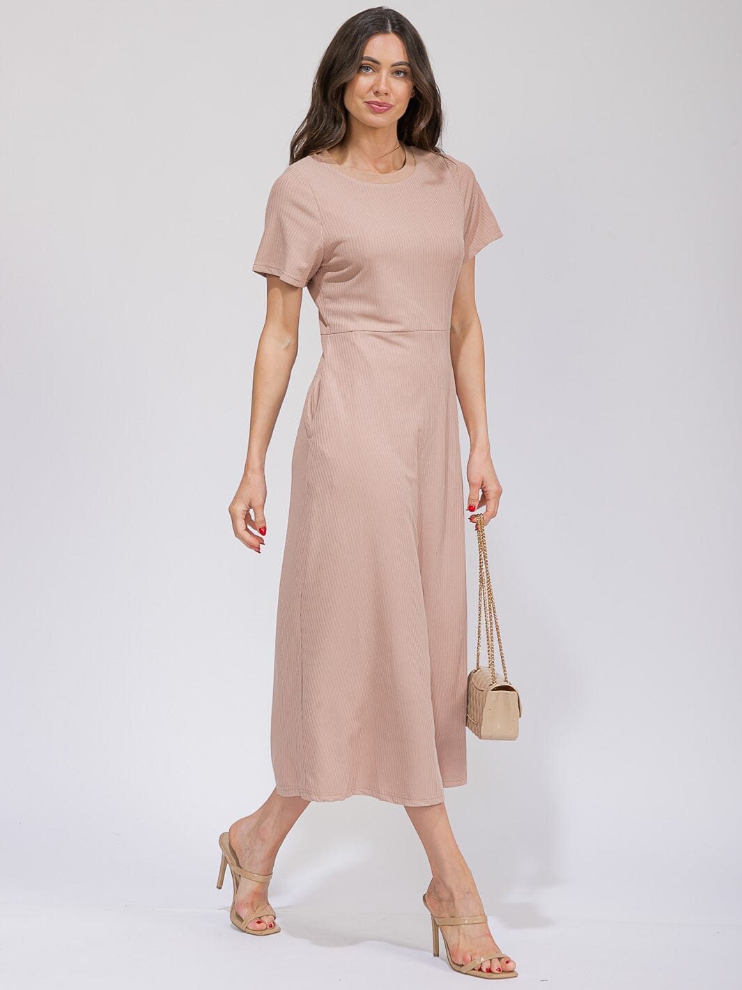 WOMEN'S SHORT SLEEVE FRONT POCKETS RIBBED MAXI DRESS