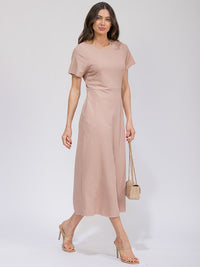 WOMEN'S SHORT SLEEVE FRONT POCKETS RIBBED MAXI DRESS