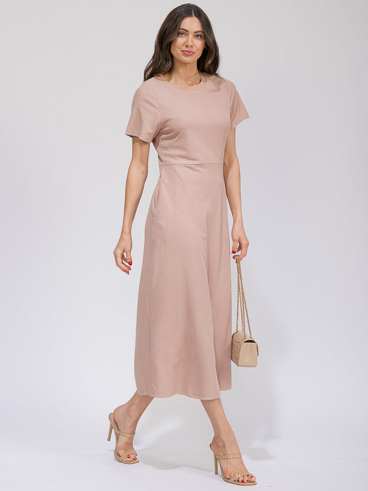 WOMEN'S SHORT SLEEVE FRONT POCKETS RIBBED MAXI DRESS