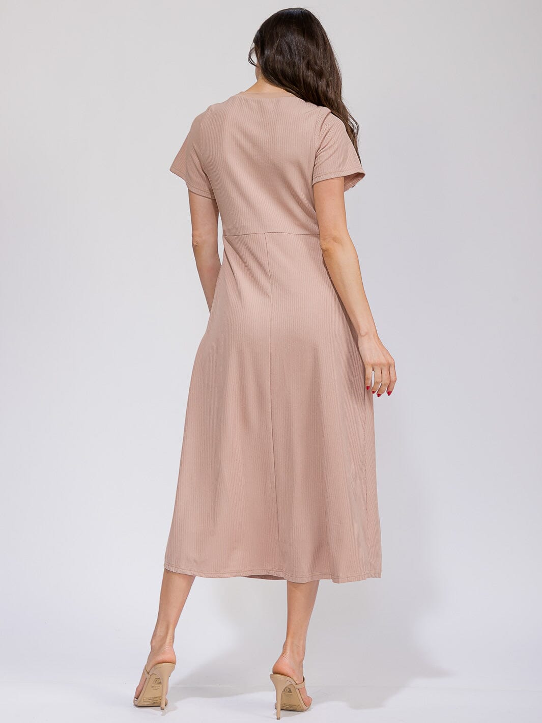 WOMEN'S SHORT SLEEVE FRONT POCKETS RIBBED MAXI DRESS