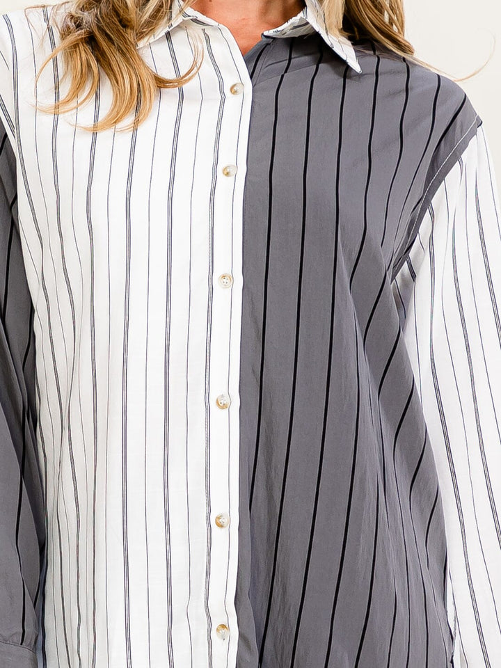 WOMEN'S LONG SLEEVE BUTTON UP STRIPES COLORBLOCK SHIRT