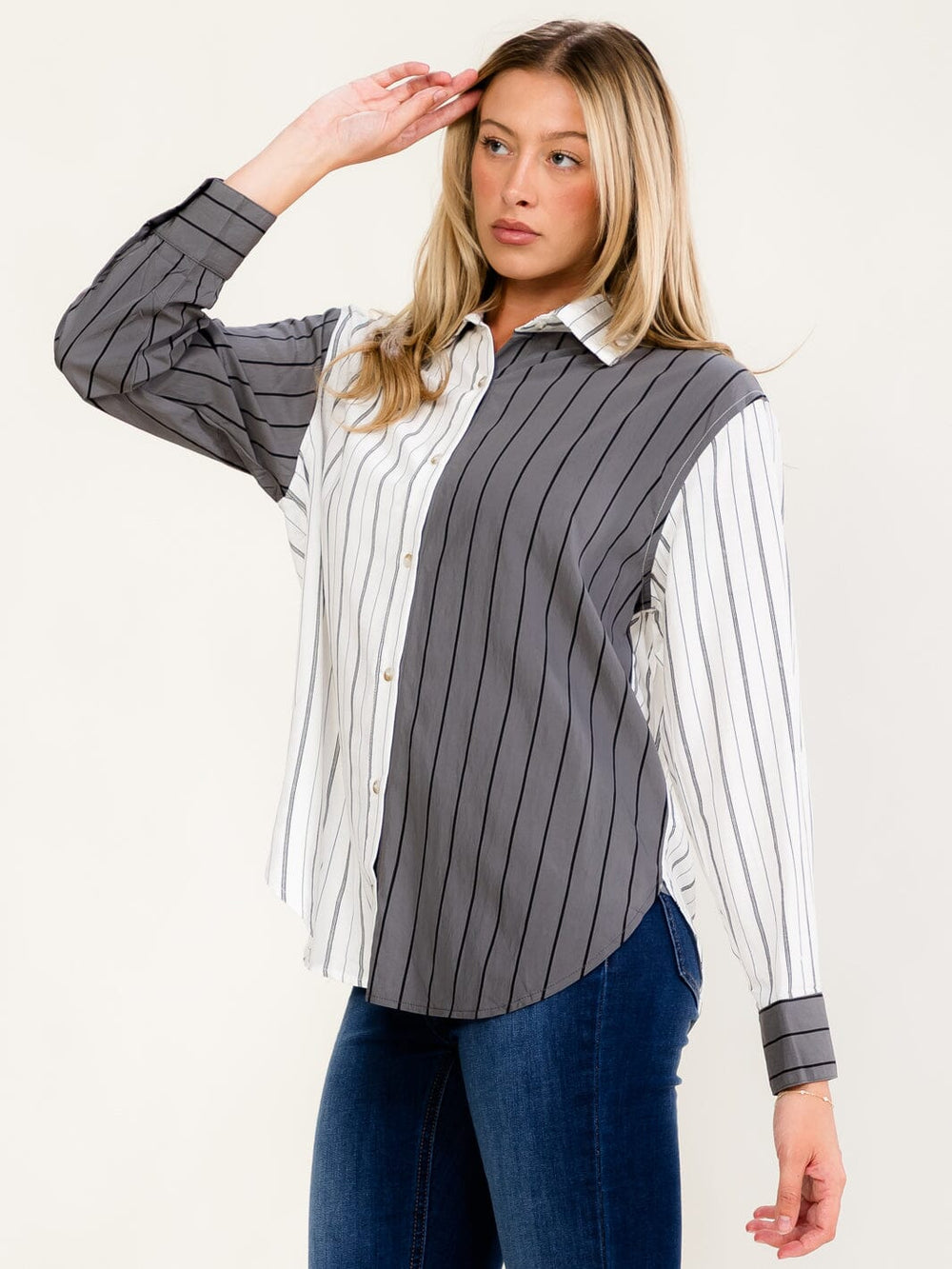 WOMEN'S LONG SLEEVE BUTTON UP STRIPES COLORBLOCK SHIRT