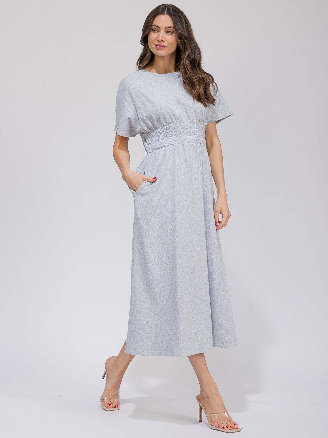 WOMEN'S SHORT SLEEVE SMOCK WAIST FRONT POCKETS MAXI DRESS