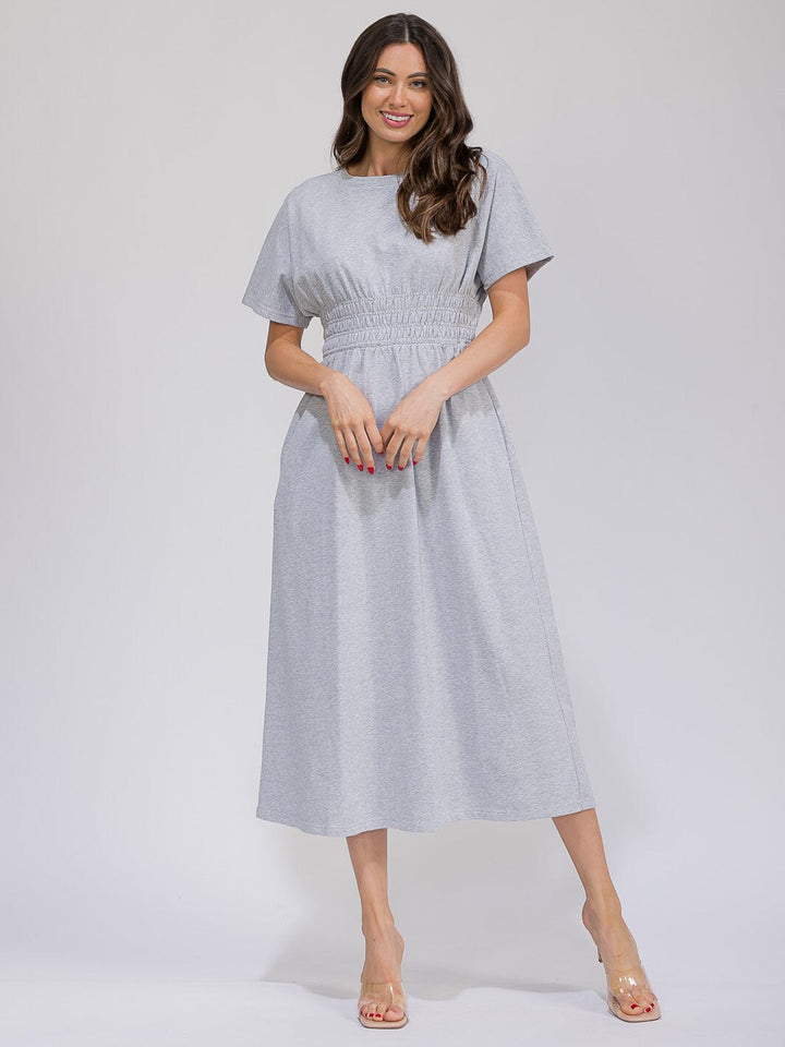 WOMEN'S SHORT SLEEVE SMOCK WAIST FRONT POCKETS MAXI DRESS