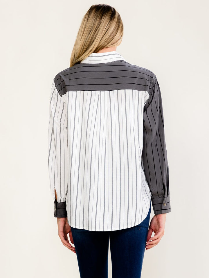 WOMEN'S LONG SLEEVE BUTTON UP STRIPES COLORBLOCK SHIRT