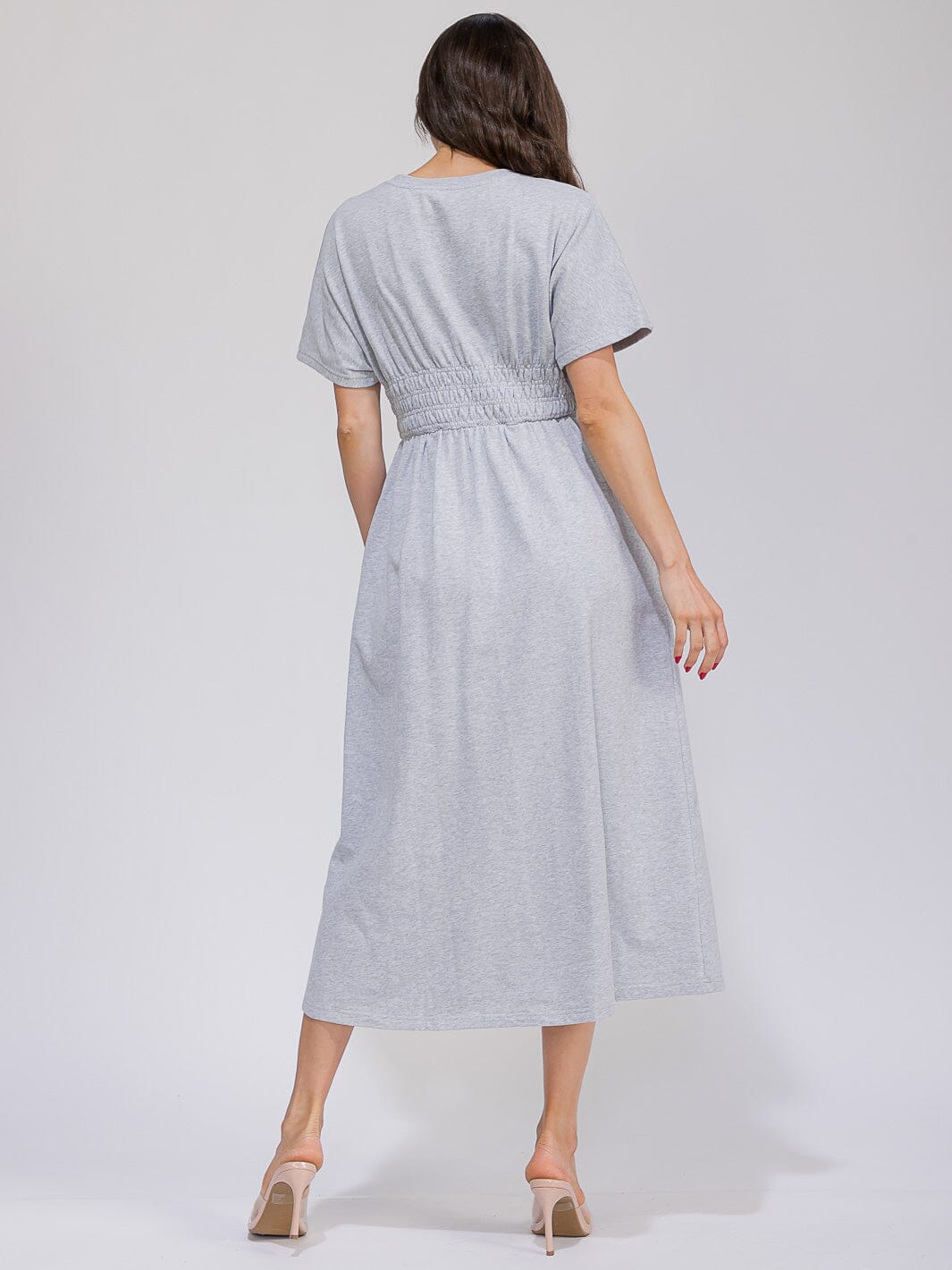 WOMEN'S SHORT SLEEVE SMOCK WAIST FRONT POCKETS MAXI DRESS