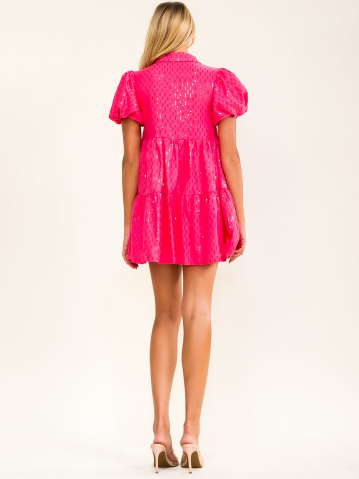 WOMEN'S SHORT PUFF SLEEVE BUTTON UP TIERED SEQUINS MINI DRESS