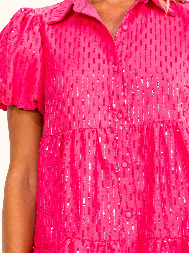 WOMEN'S SHORT PUFF SLEEVE BUTTON UP TIERED SEQUINS MINI DRESS