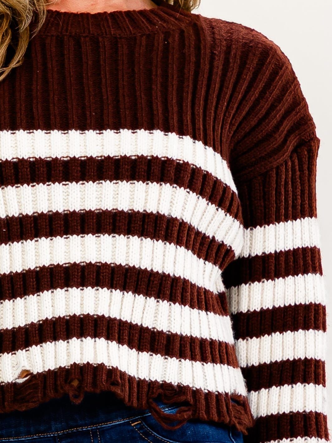 WOMEN'S LONG SLEEVE COLORBLOCK STRIPES DISTRESS PULLOVER SWEATER