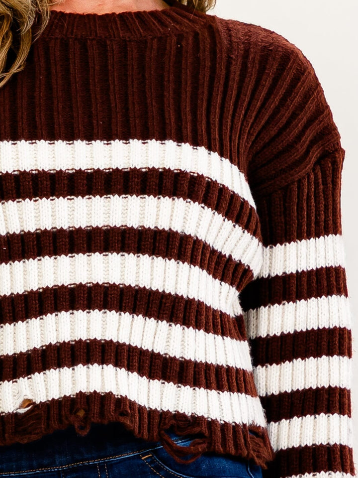 WOMEN'S LONG SLEEVE COLORBLOCK STRIPES DISTRESS PULLOVER SWEATER
