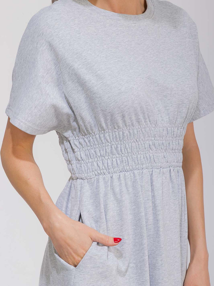 WOMEN'S SHORT SLEEVE SMOCK WAIST FRONT POCKETS MAXI DRESS