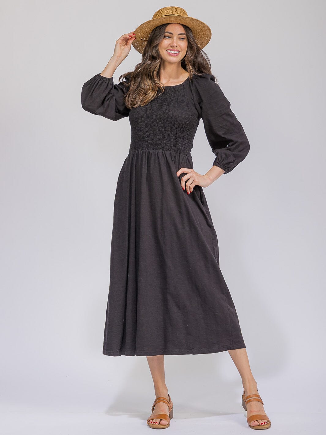 WOMEN'S LONG SLEEVE SMOCK FRONT POCKETS MAXI DRESS