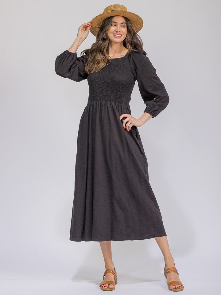WOMEN'S LONG SLEEVE SMOCK FRONT POCKETS MAXI DRESS