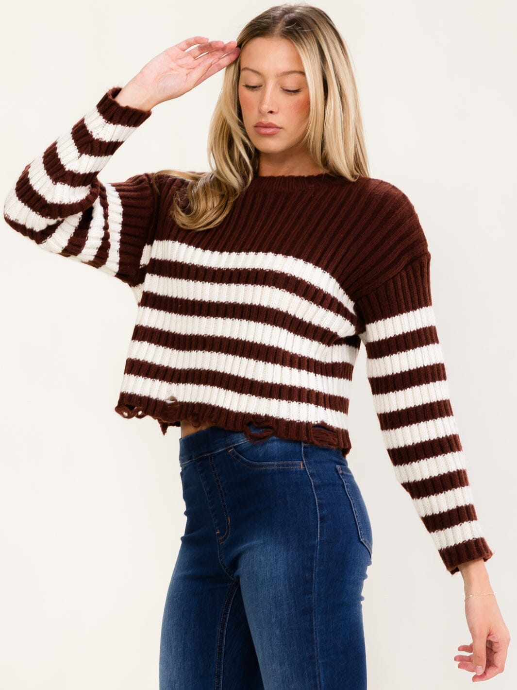 WOMEN'S LONG SLEEVE COLORBLOCK STRIPES DISTRESS PULLOVER SWEATER