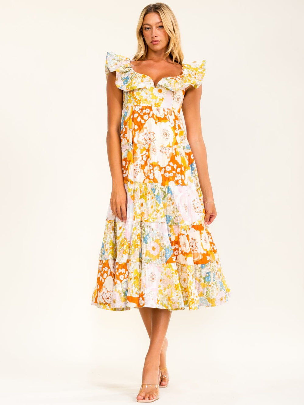 BEULAH WOMEN'S RUFFLE V-NECK PLEATED FLORAL MAXI DRESS