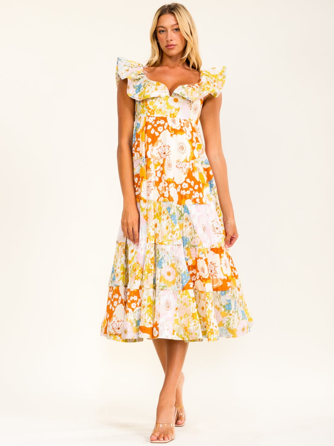 BEULAH WOMEN'S RUFFLE V-NECK PLEATED FLORAL MAXI DRESS