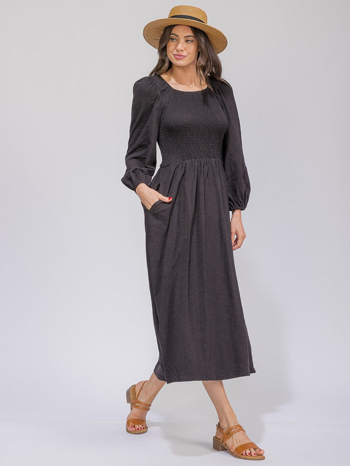 WOMEN'S LONG SLEEVE SMOCK FRONT POCKETS MAXI DRESS