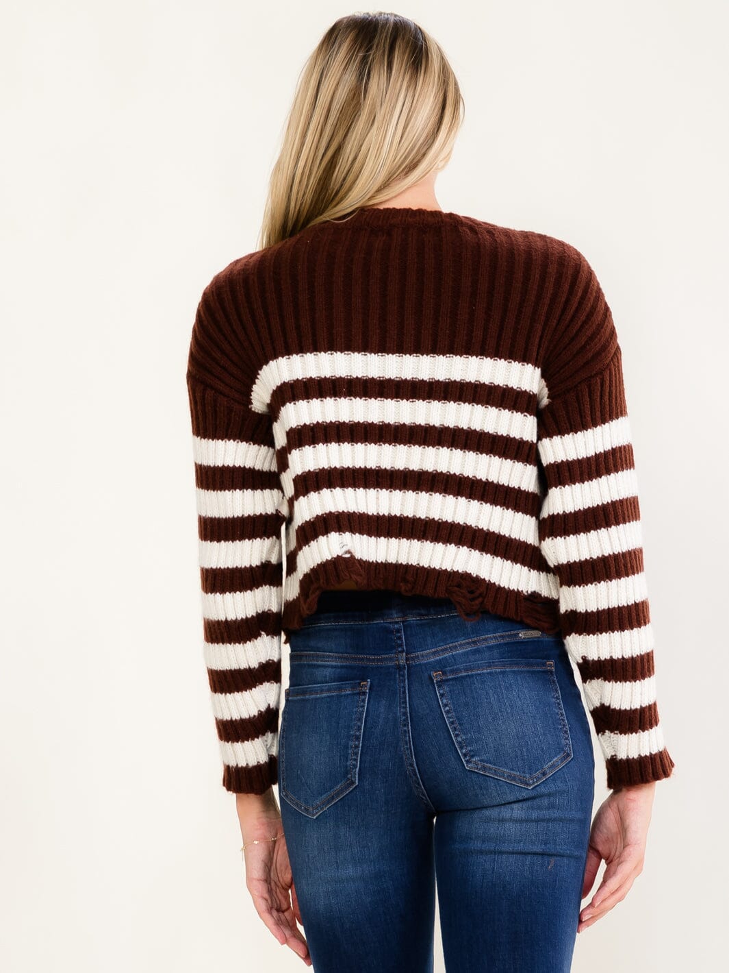 WOMEN'S LONG SLEEVE COLORBLOCK STRIPES DISTRESS PULLOVER SWEATER