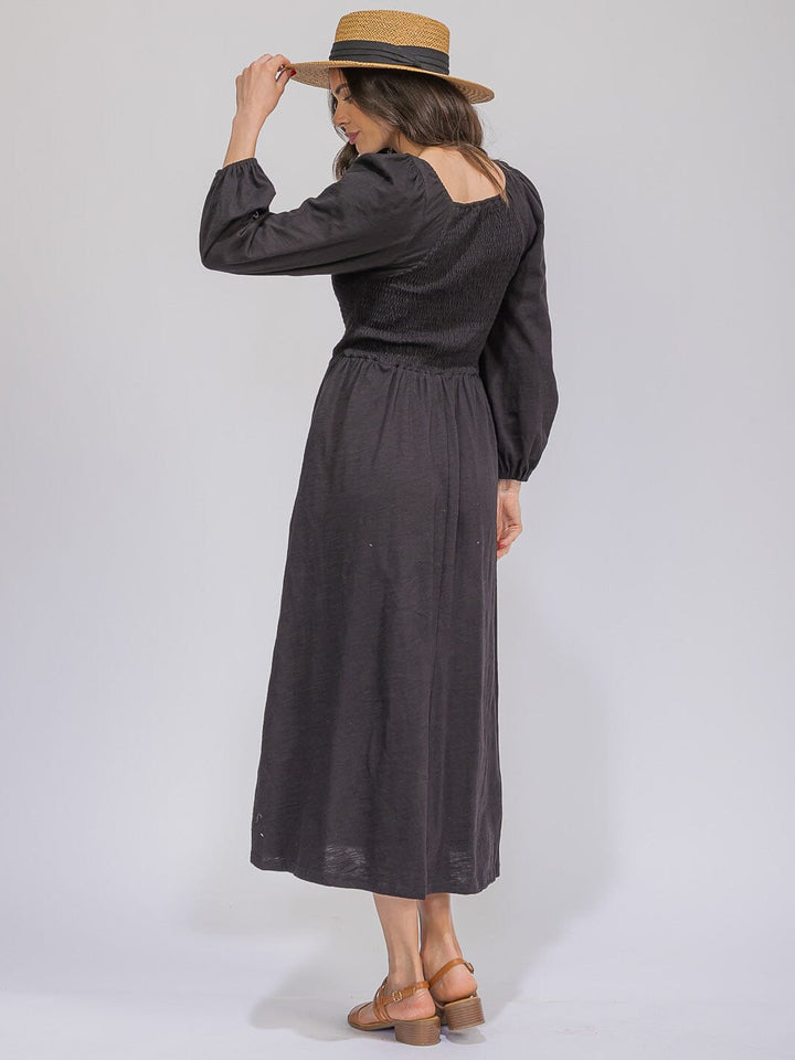 WOMEN'S LONG SLEEVE SMOCK FRONT POCKETS MAXI DRESS
