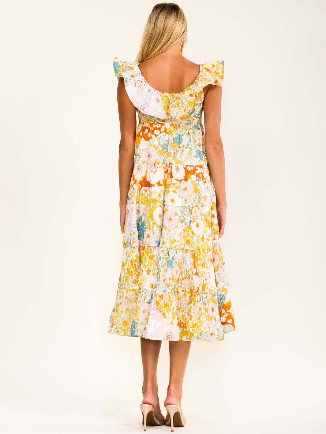 BEULAH WOMEN'S RUFFLE V-NECK PLEATED FLORAL MAXI DRESS
