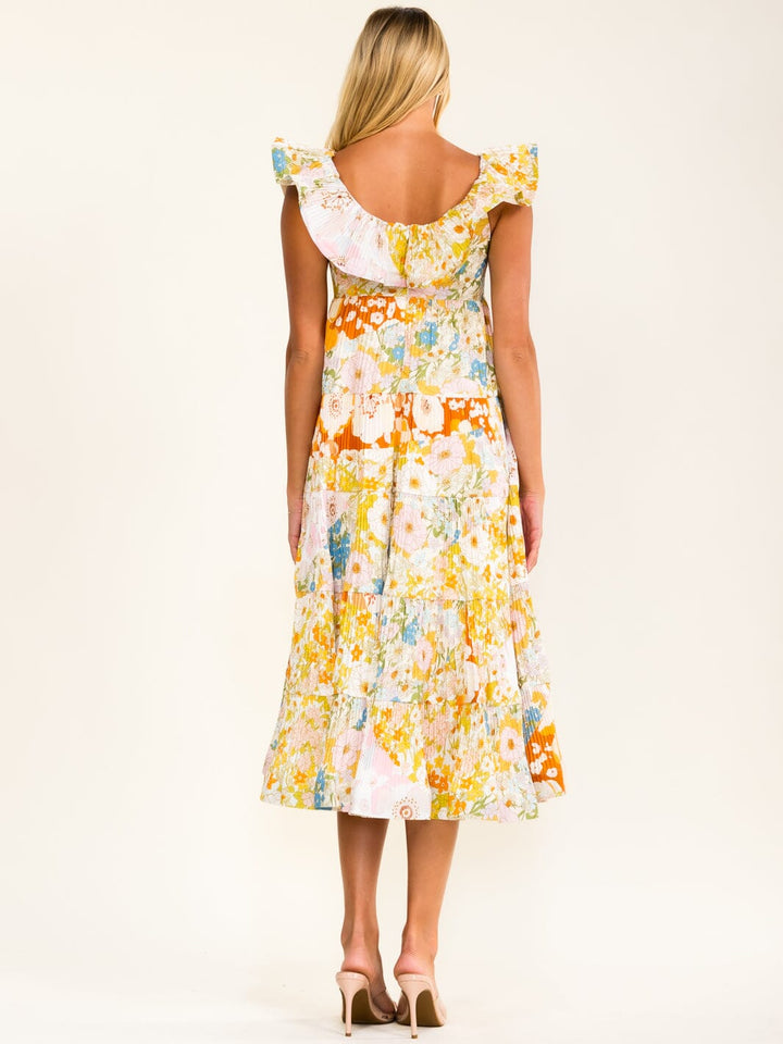 BEULAH WOMEN'S RUFFLE V-NECK PLEATED FLORAL MAXI DRESS