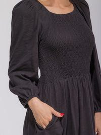 WOMEN'S LONG SLEEVE SMOCK FRONT POCKETS MAXI DRESS