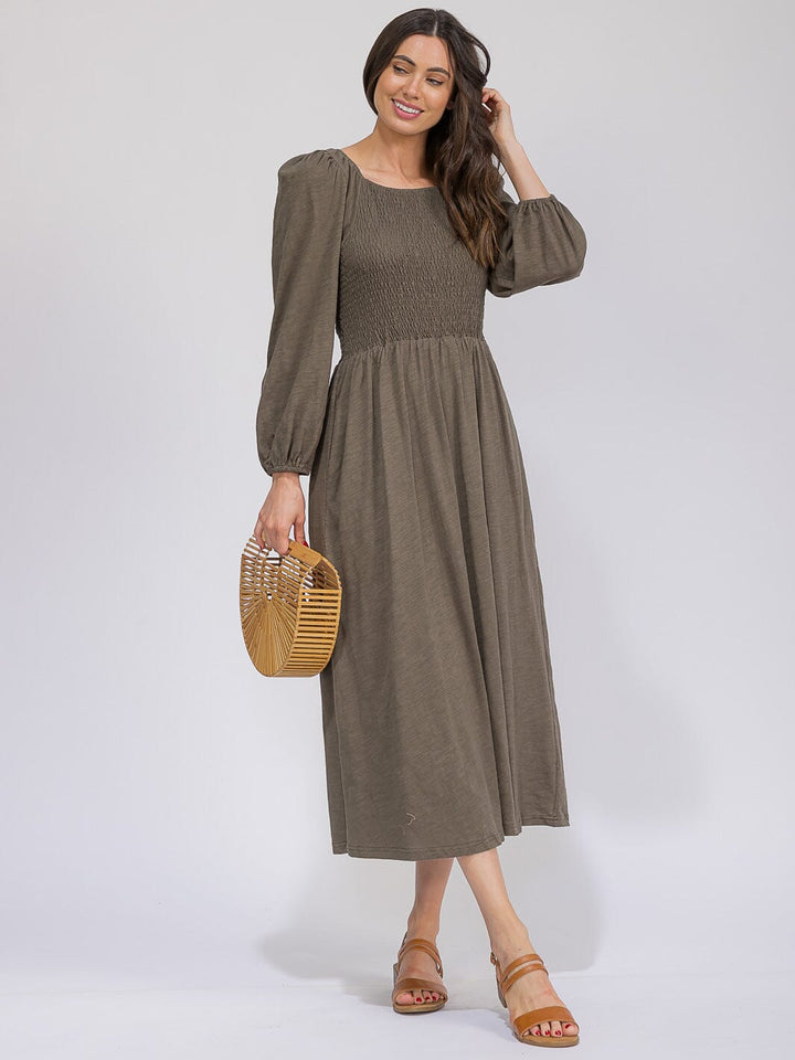 WOMEN'S LONG SLEEVE SMOCK FRONT POCKETS MAXI DRESS