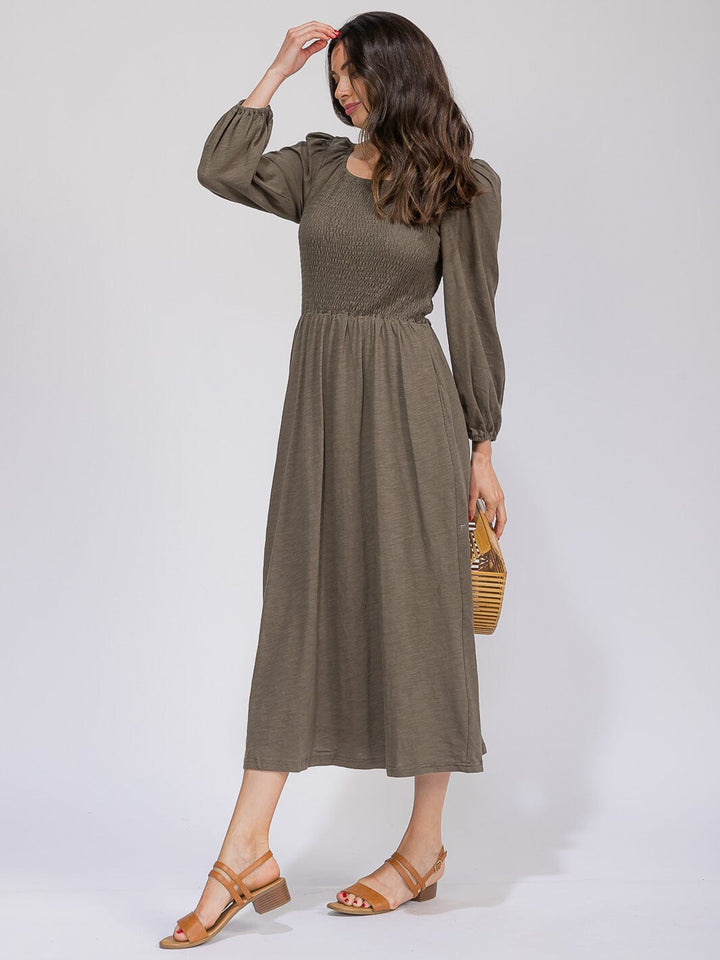 WOMEN'S LONG SLEEVE SMOCK FRONT POCKETS MAXI DRESS