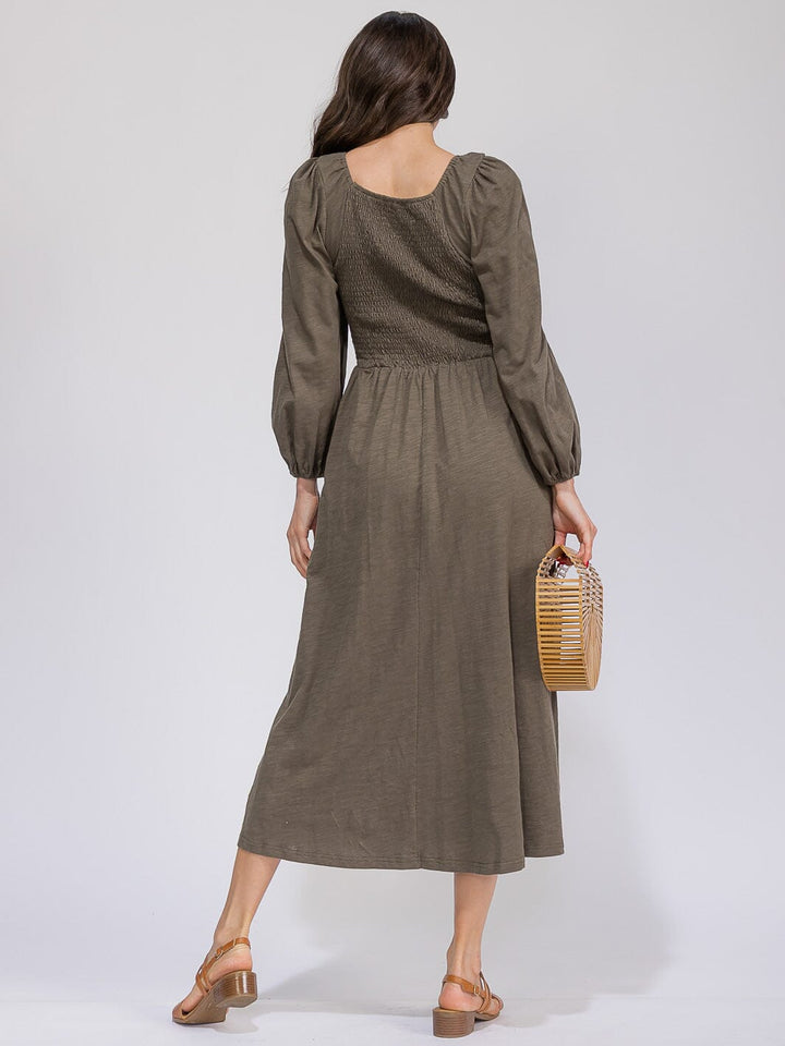 WOMEN'S LONG SLEEVE SMOCK FRONT POCKETS MAXI DRESS