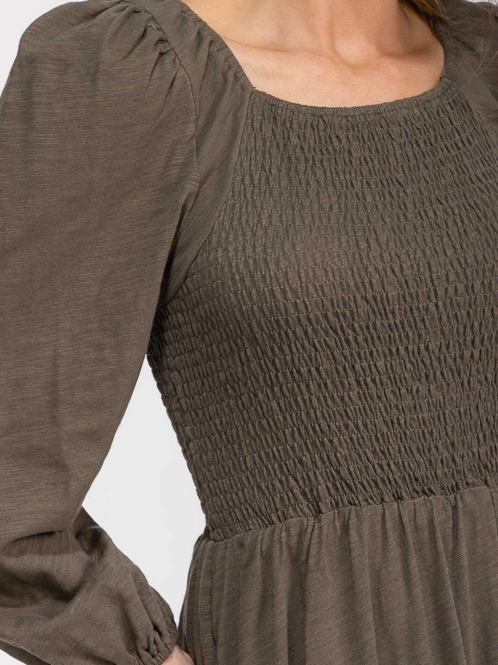 WOMEN'S LONG SLEEVE SMOCK FRONT POCKETS MAXI DRESS