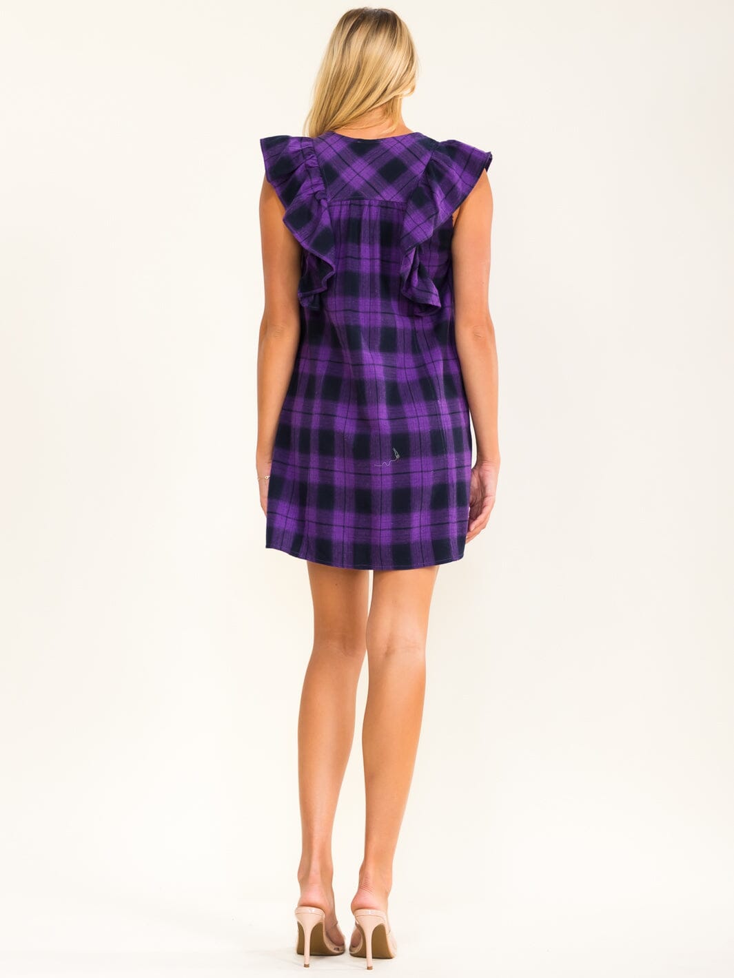 WOMEN'S RUFFLE SLEEVE BUTTON UP FRONT POCKETS PLAID MINI DRESS