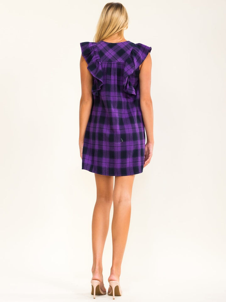 WOMEN'S RUFFLE SLEEVE BUTTON UP FRONT POCKETS PLAID MINI DRESS