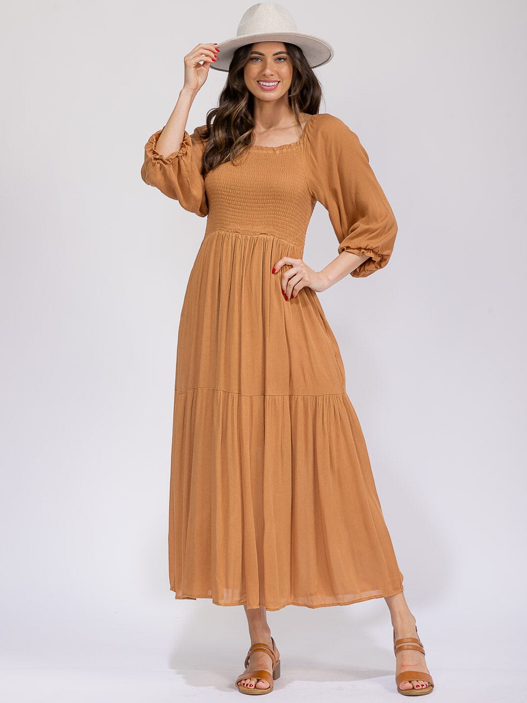 WOMEN'S 3/4 SLEEVES SMOCK TIERED MAXI DRESS