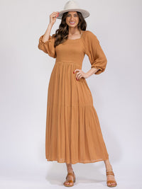 WOMEN'S 3/4 SLEEVES SMOCK TIERED MAXI DRESS