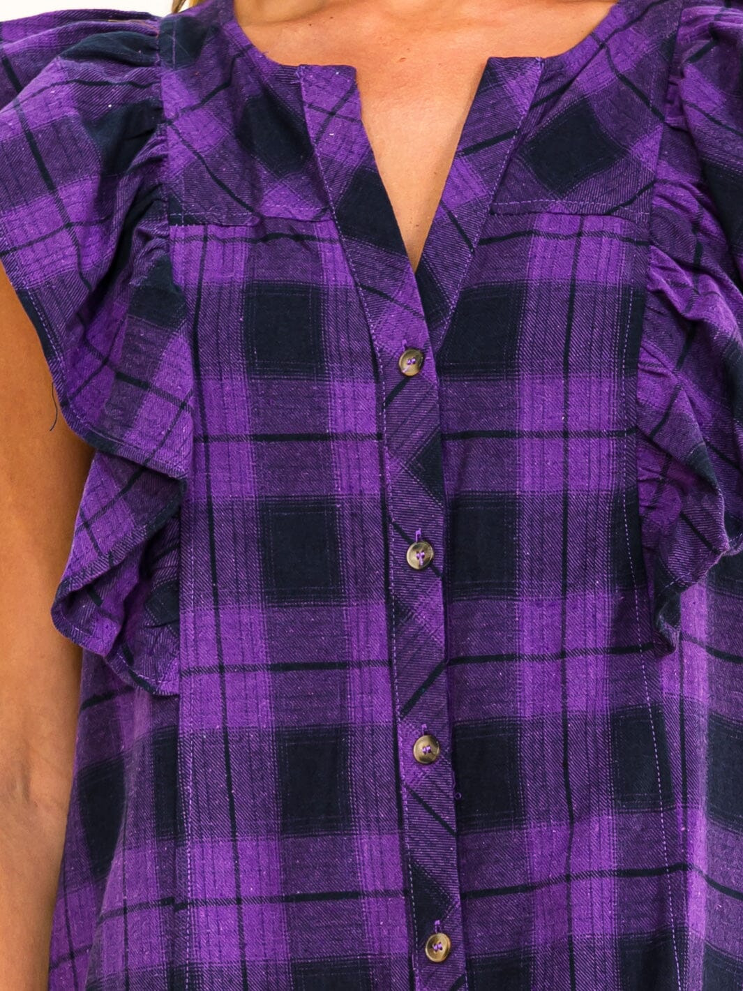 WOMEN'S RUFFLE SLEEVE BUTTON UP FRONT POCKETS PLAID MINI DRESS