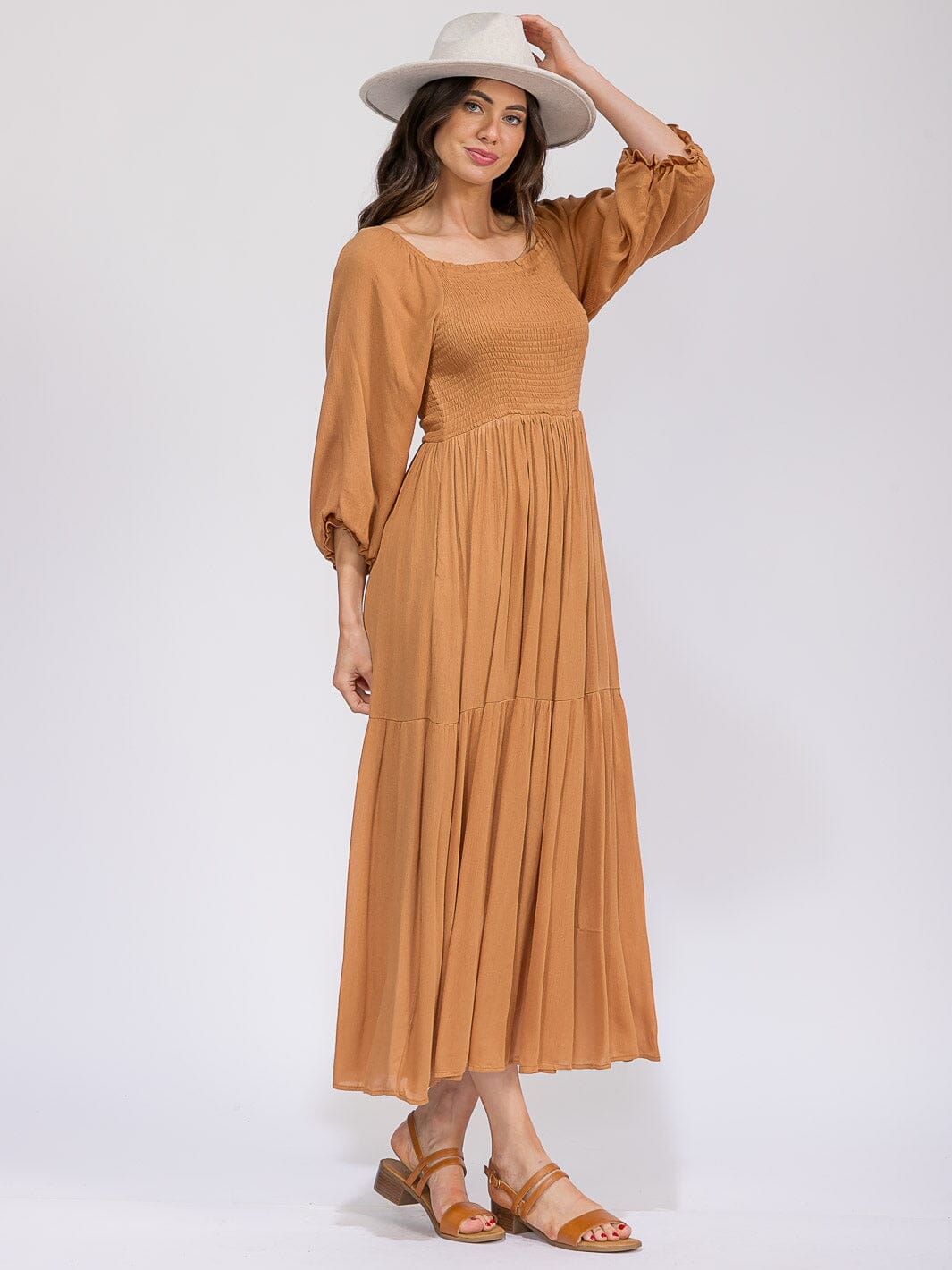 WOMEN'S 3/4 SLEEVES SMOCK TIERED MAXI DRESS