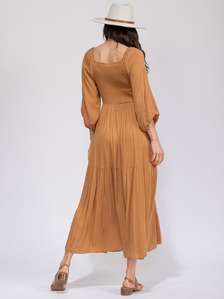 WOMEN'S 3/4 SLEEVES SMOCK TIERED MAXI DRESS