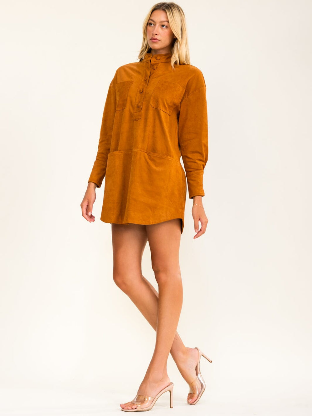 WOMEN'S LONG SLEEVE BUTTON UP FRONT POCKETS MINI DRESS