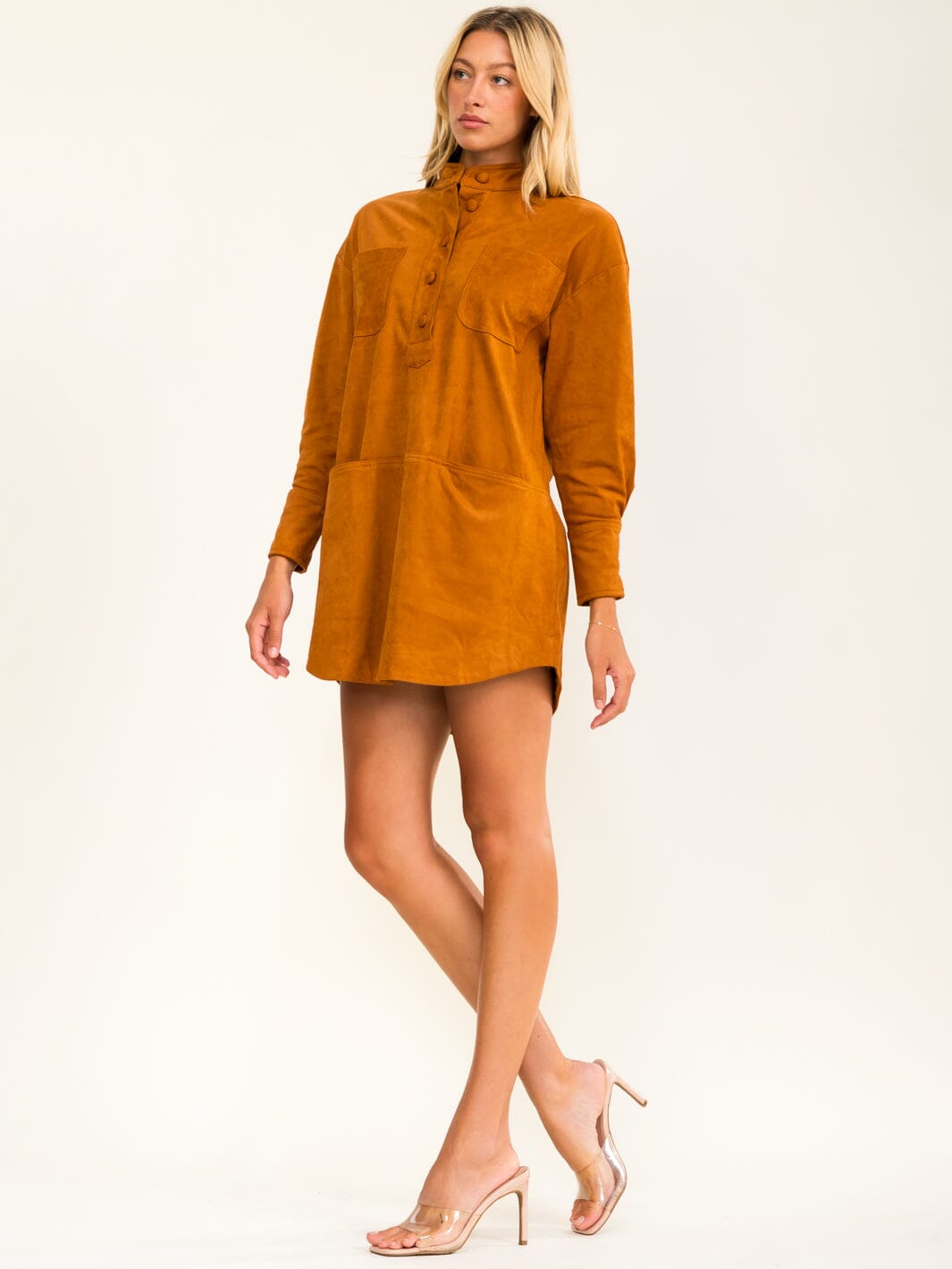 WOMEN'S LONG SLEEVE BUTTON UP FRONT POCKETS MINI DRESS