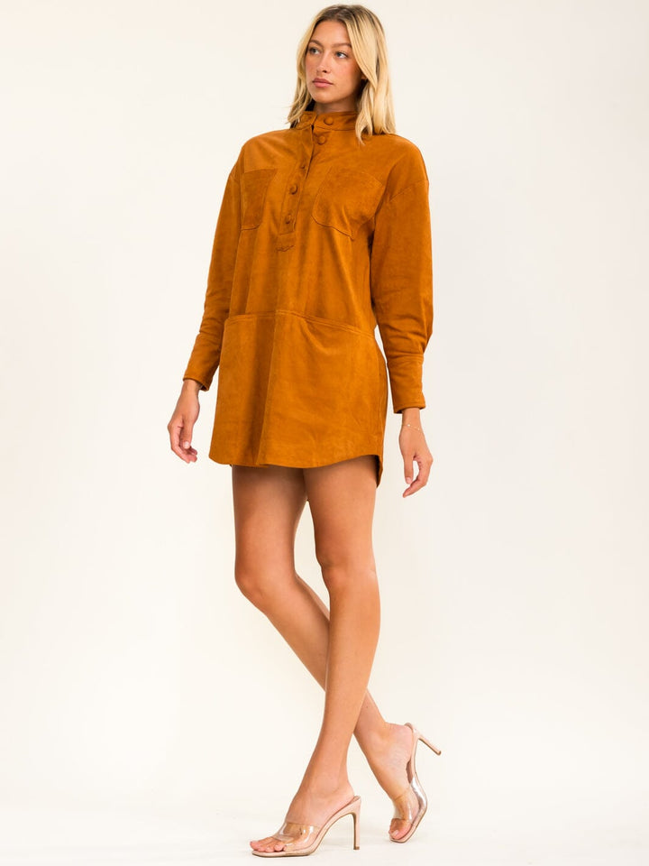 WOMEN'S LONG SLEEVE BUTTON UP FRONT POCKETS MINI DRESS