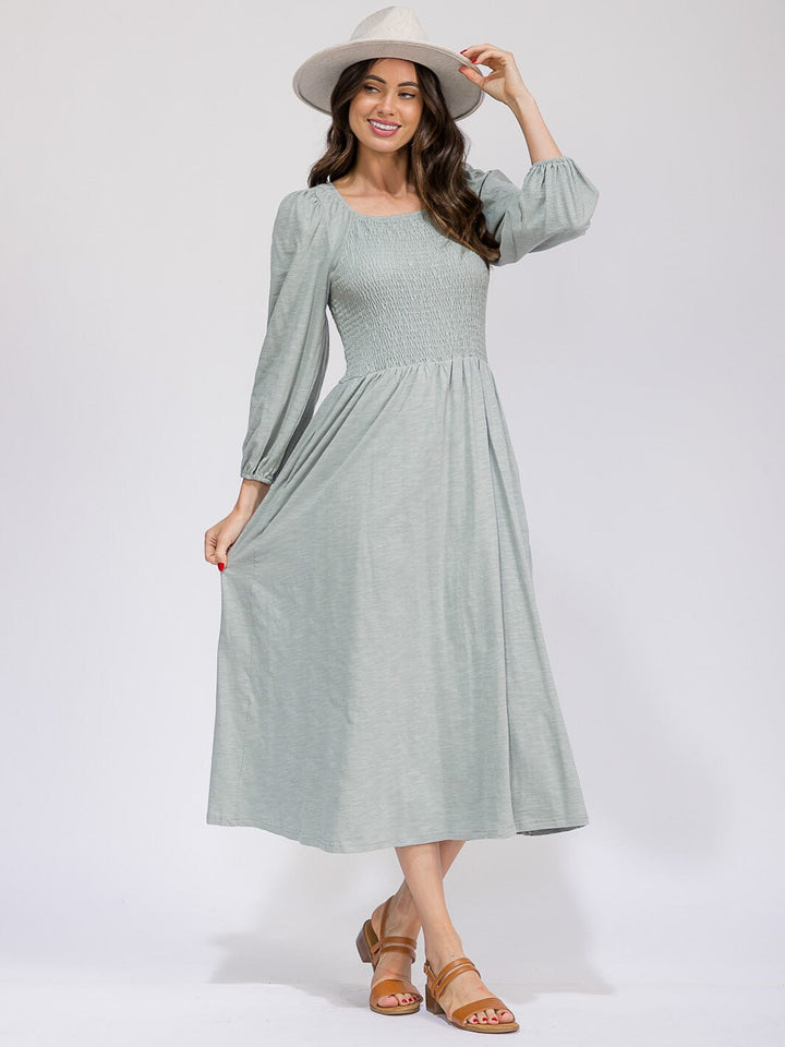 WOMEN'S LONG SLEEVE SMOCK FRONT POCKETS MAXI DRESS