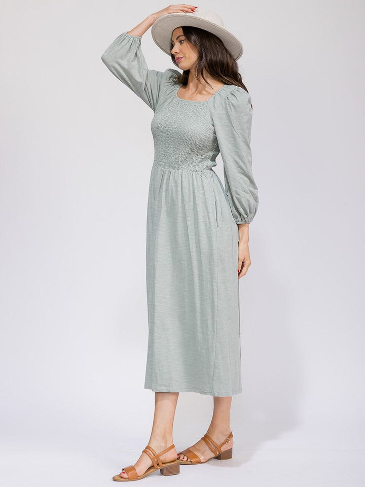 WOMEN'S LONG SLEEVE SMOCK FRONT POCKETS MAXI DRESS